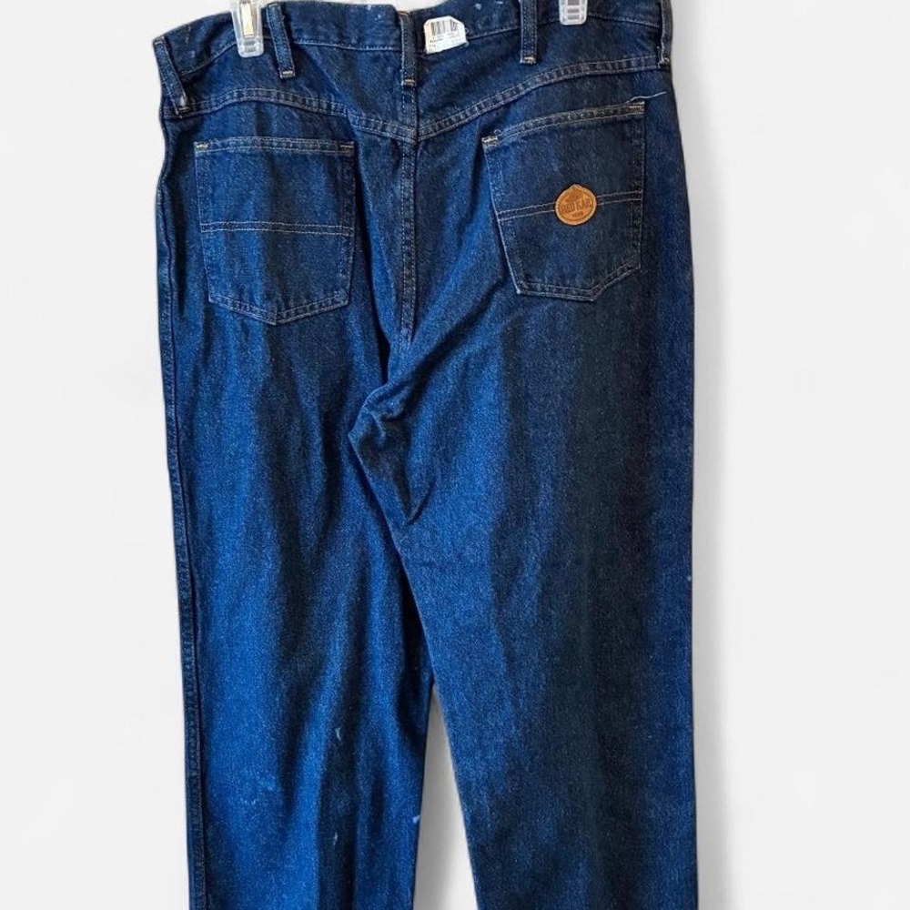 Red Kap Vintage Indigo wash denim jeans w bleach splatter distressing Sz 36/30‎